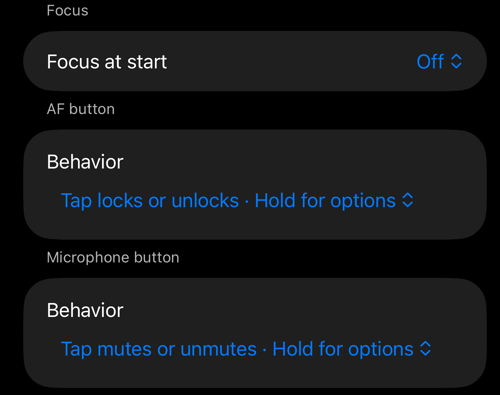 Các phần «Focus», «AF button» và «Microphone button» trong cài đặt Viewfinder controls