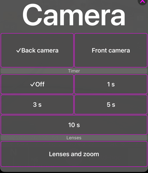 Trình đơn máy ảnh: phần «Camera» với «Back camera» và «Front camera», phần «Timer» với «Off», 1 s, 3 s, 5 s và 10 s, phần «Lenses» với «Lenses and zoom»