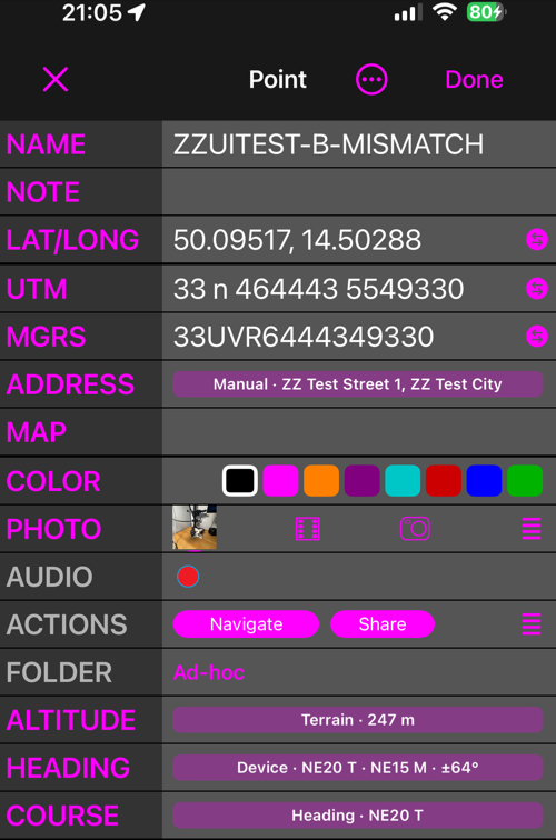 Waypoint editor ở chế độ Advanced, với Altitude, Heading và Course ở cuối danh sách