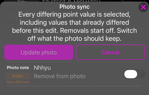 Bảng ở chế độ cập nhật tất cả, một dòng có giá trị của điểm ghi Remove from photo và công tắc đang tắt