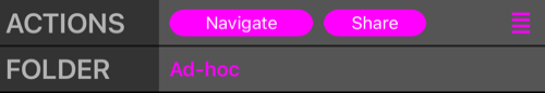 Dòng ACTIONS với Navigate, Share và nút options, và dòng FOLDER cho biết tên bộ sưu tập