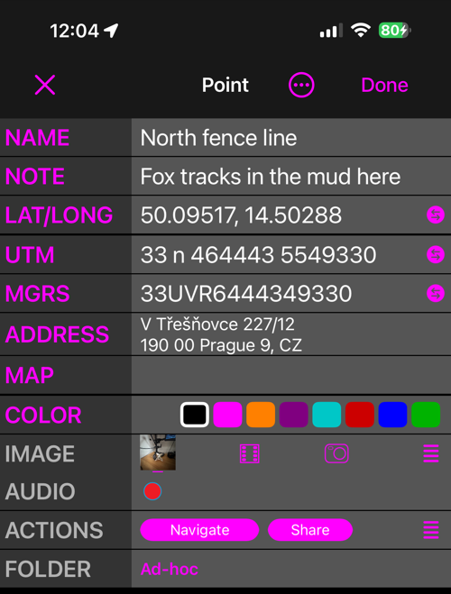 Waypoint editor ở chế độ Simple: NAME, NOTE, LAT/LONG, UTM, MGRS, ADDRESS, MAP, COLOR, IMAGE, AUDIO, ACTIONS và FOLDER, mỗi mục một dòng