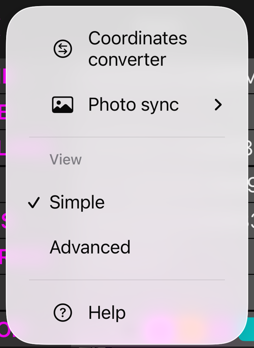 Menu More của waypoint editor: Coordinates converter, Photo sync, mục View với Simple được đánh dấu và Advanced bên dưới, và Help
