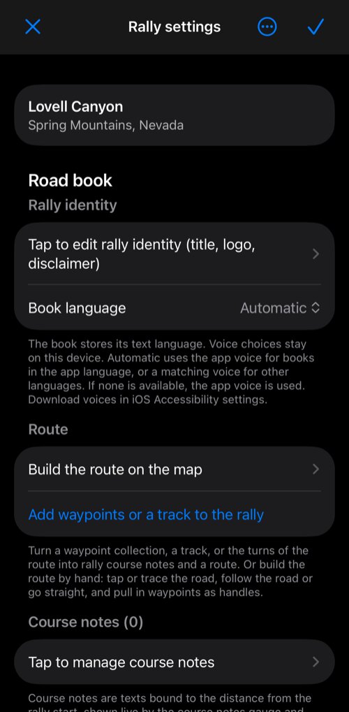 Rally settings: nhóm Road book với rally identity, book language, mục Route và course notes