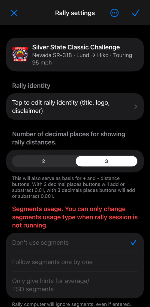 Rally settings: thông tin nhận dạng giải, số chữ số thập phân, cách dùng phân đoạn và các phân đoạn