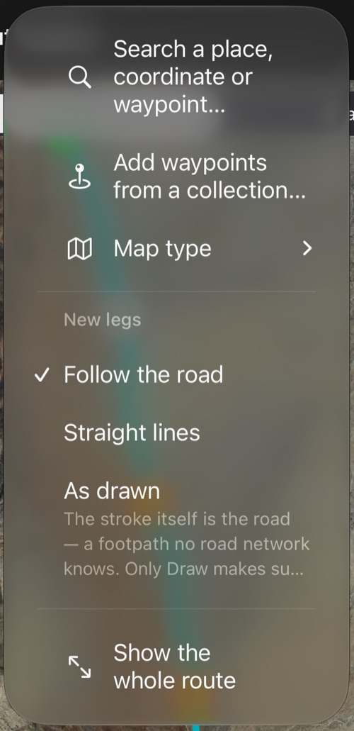 Menu ⋯ của Route editor: tìm kiếm, thêm điểm mốc, loại bản đồ, loại đoạn mới và Show the whole route