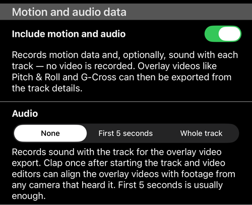 Mục Motion and audio data: công tắc Include motion and audio đang bật, và hàng Audio đặt ở None