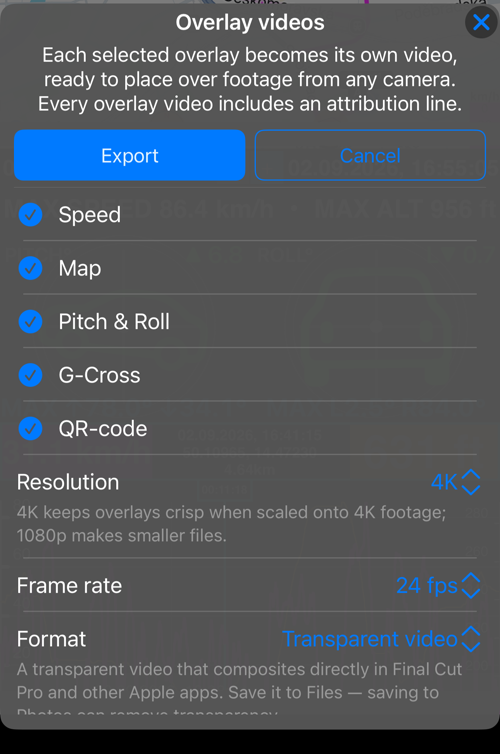 Tùy chọn Overlay videos cho một track: Speed, Map, Pitch & Roll, G-Cross và QR-code được chọn, bên dưới là Resolution, Frame rate và Format