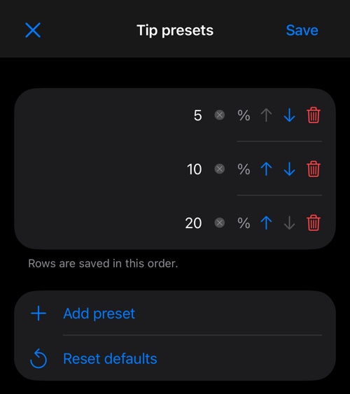 Trình sửa phần trăm dựng sẵn với ba dòng, Add preset và Reset defaults