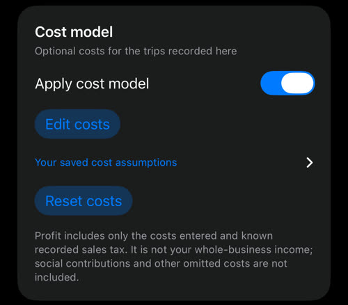 Thẻ Cost model khi đã lưu chi phí: Apply cost model đang bật, Edit costs, Your saved cost assumptions và Reset costs