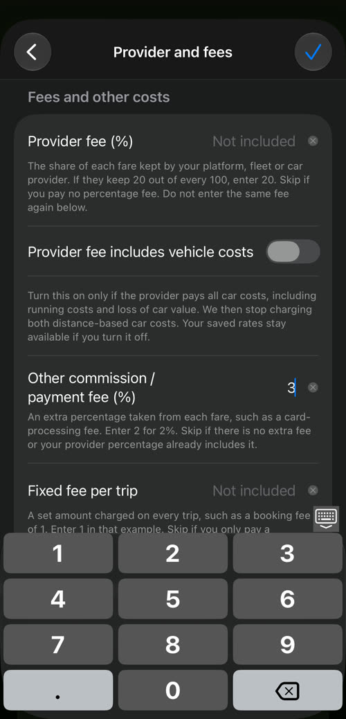 Provider and fees: phí nhà cung cấp, Provider fee includes vehicle costs, hoa hồng khác hoặc phí thanh toán 3%, phí cố định mỗi chuyến