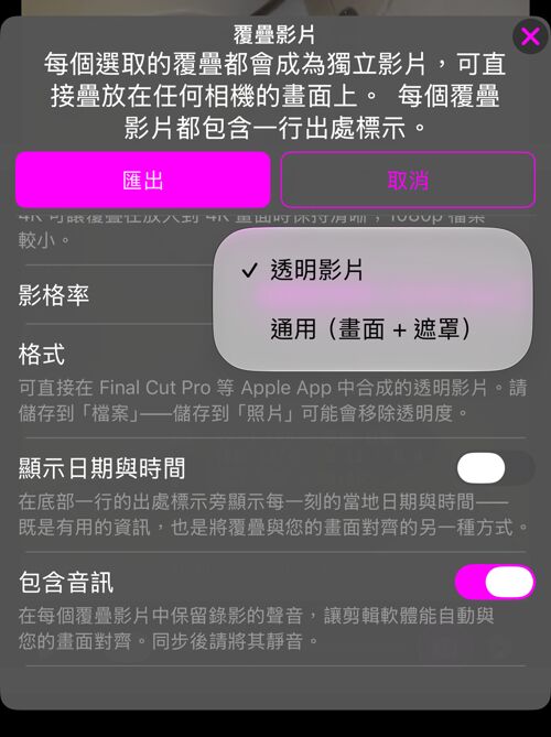 格式選擇：透明影片，或通用（畫面 + 遮罩）