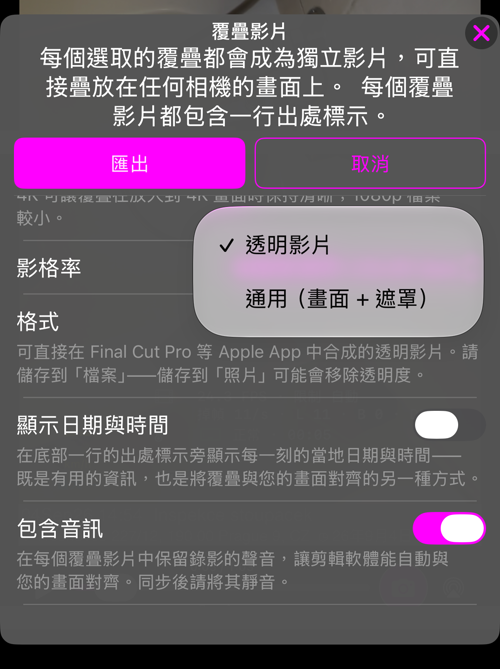 格式選擇:透明影片,或通用(畫面 + 遮罩)