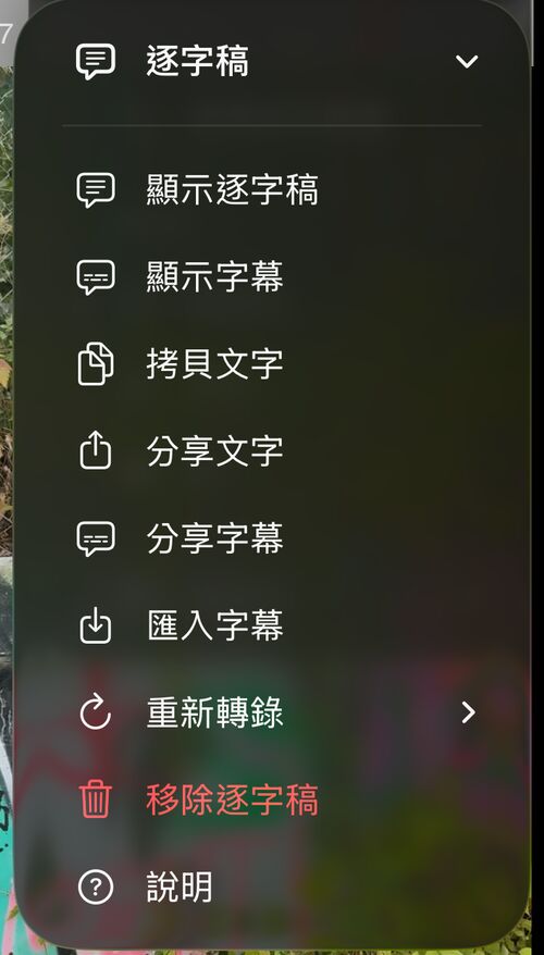 逐字稿選單，包含顯示逐字稿、顯示字幕、拷貝文字、分享文字、分享字幕、匯入字幕、重新轉寫、移除逐字稿與說明