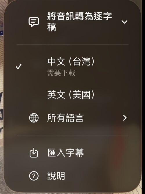 逐字稿語言清單：先列出自己的語言，接著是所有語言、匯入字幕與說明