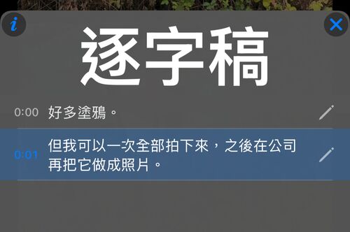 逐字稿面板，每句一行並附時間，目前的行以高亮顯示