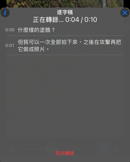 進行中的逐字稿：辨識出的行逐一出現在面板中，進度以影片長度為基準顯示，下方為取消轉寫的動作