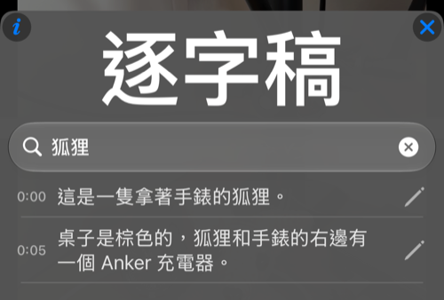 搜尋狐狸後，顯示兩行相符的逐字稿，附有原本的時間標記與編輯鉛筆按鈕