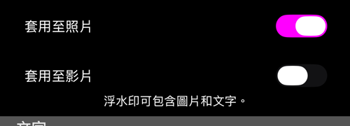 兩個開關：「套用至照片」開啟、「套用至影片」關閉