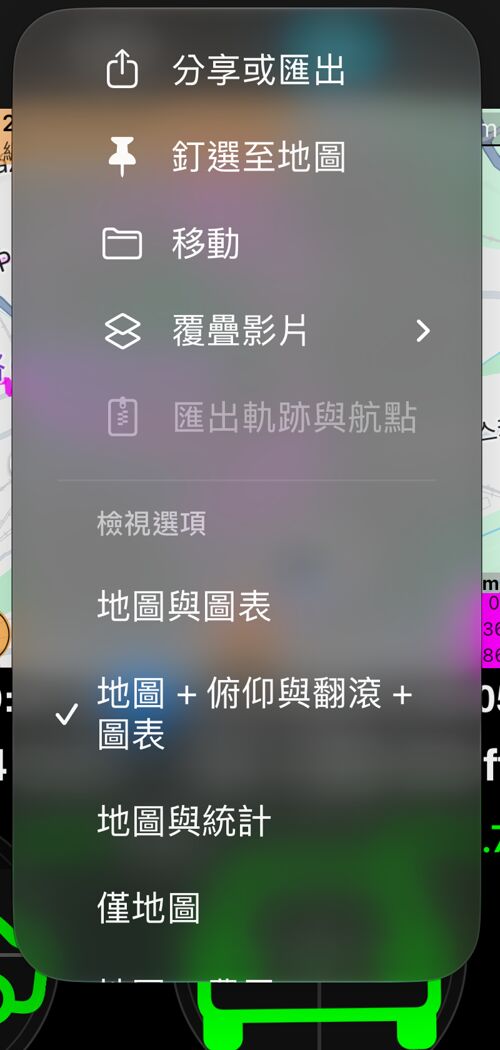 航跡的「更多」選單：分享或匯出、釘選至地圖、移動、覆疊影片，以及已選取「地圖 + 俯仰與翻滾 + 圖表」的檢視選項區段