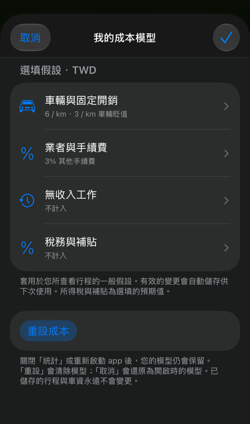 儲存後的我的成本模型:車輛與固定開銷 6 / km、3 / km 車輛貶值,業者與手續費 3% 其他手續費