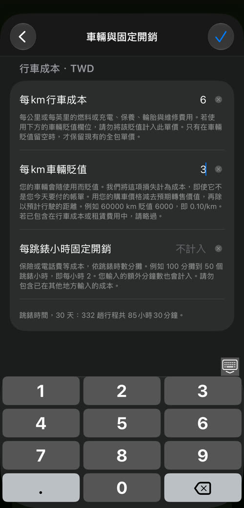 在 app 的數字鍵盤上,於每km行車成本輸入 6、於每km車輛貶值輸入 3