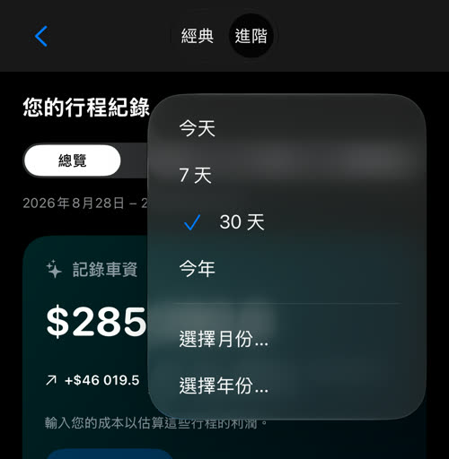期間選單:今天、7 天、30 天、今年、選擇月份…與選擇年份…