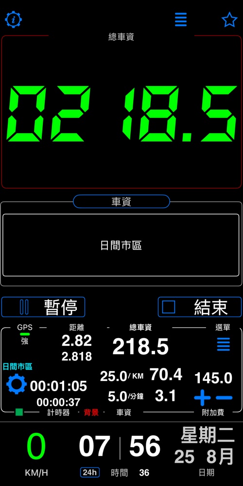 此模式下的儀表板，跳表運轉中